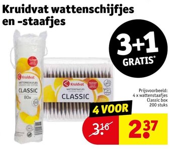 Kruidvat Kruidvat wattenschijfjes en -staafjes, 4 x wattenstaafjes Classic box 200 stuks aanbieding