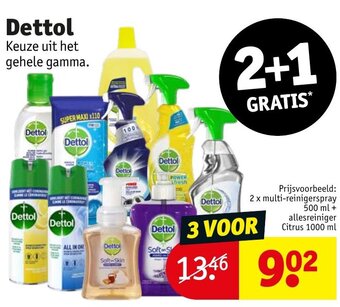 Kruidvat Dettol Keuze uit het gehele gamma. Prijsvoorbeeld: 2 x multi-reinigerspray 500 ml + allesreiniger Citrus 1000 ml aanbieding