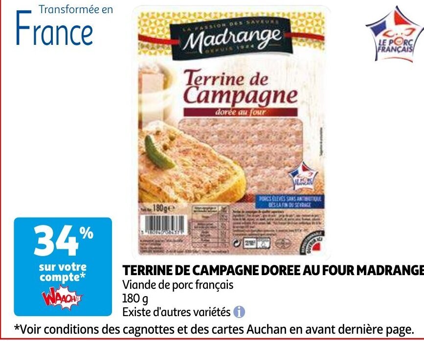 TERRINE DE CAMPAGNE DOREE AU FOUR MADRANGE 180 g promotie bij Auchan