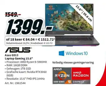 MediaMarkt Asus G513 Laptop Gaming 15.6" aanbieding