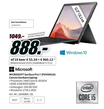 MediaMarkt Microsoft Surface Pro 7 (PUV00018) Converteerbare laptop 12.3" aanbieding