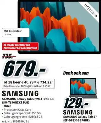 MediaMarkt Samsung Galaxy Tab S7 Wi-Fi 256 GB (SM-T870NZKEEUB) Tablet aanbieding