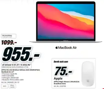 MediaMarkt Apple M1 256 GB Silver Edition 2020 (MGN93FN/A) MacBook Air 13" aanbieding