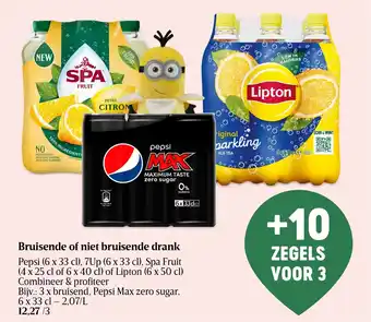 Bruisende of niet bruisende drank Pepsi (6 x 33 cl), 7Up (6 x 33 cl),Spa Fruit (4 x 25 cl of 6 x 40 cl) of Lipton (6 x 50 cl)