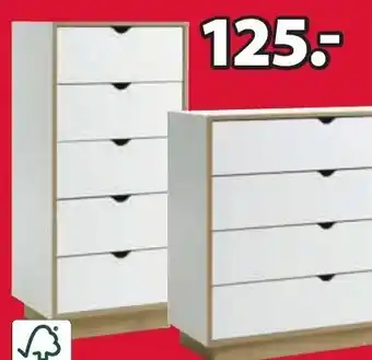 Jysk MAMMEN COMMODE Deco fineer. 5 lades smal B49 x H104 x D38 cm aanbieding