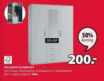 Jysk VELLERUP KLEERKAST Deco fineer. Kastindeling: 4 schappen en 1 kledingroede. B151 x H200 x D59 cm* aanbieding