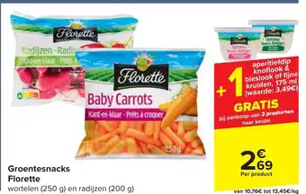 Carrefour Groentesnacks Florette wortelen (250 g) en radijzen (200 g) aanbieding