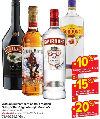 Carrefour Wodka Smirnoff, rum Captain Morgan, Bailey's The Original en gin Gordon's 1 L aanbieding
