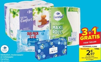 Carrefour Zakdoeken, keukenpapier en toiletpapier aanbieding