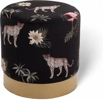 Lifa living poef beau - poema print - zwart & goud - jungle - rond - velvet & metaal - functioneel - comfortabel - ø 38 x 38