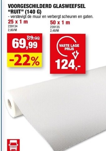 Hubo Voorgeschilderd glasweefsel “ruit” (140 g) 25 x 1 m aanbieding