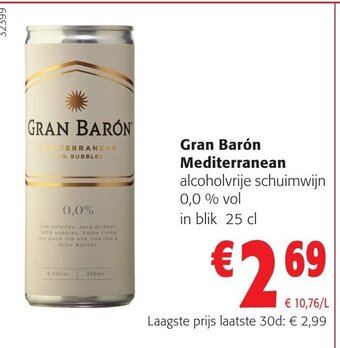 Colruyt Gran Barón Mediterranean alcoholvrije schuimwijn 0,0 % vol in blik 25 cl aanbieding