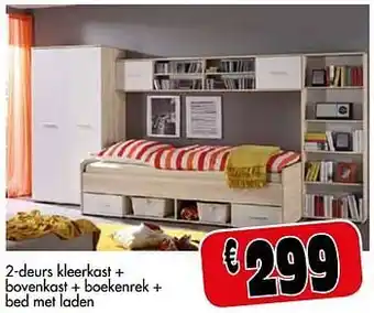 Budget Meubelen 2-deurs kleerkast + bovenkast + boekenrek + bed met laden aanbieding