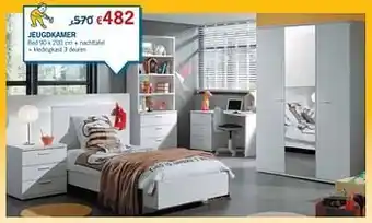 De Prijzenklopper Jeugdkamer bed + nachttafel + kledingkast 3 deuren aanbieding