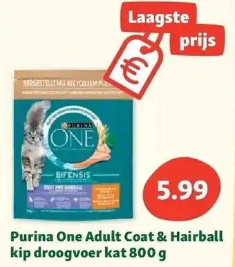 Maxi Zoo Purina one adult coat & hairball kip droogvoer kat 800 g aanbieding