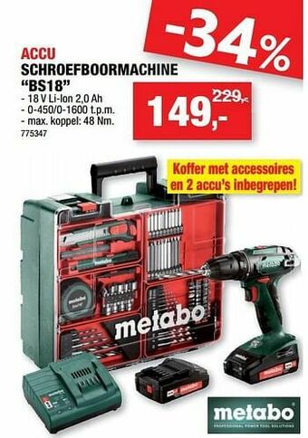 Hubo Metabo accu schroefboormachine bs18 aanbieding