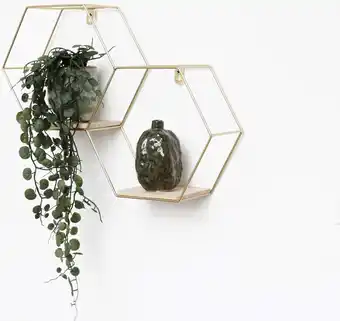 Goud metalen wandrek industrieel met 2 houten plankjes - dubbel zeshoekig - 30,5x41 cm