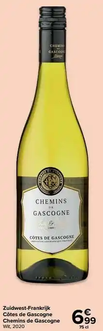 Carrefour Zuidwest-frankrijk côtes de gascogne chemins de gascogne wit, 2020 aanbieding