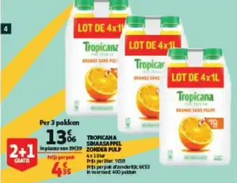 Auchan Tropicana sinaasa ppel zonder pulp 4x1 liter aanbieding