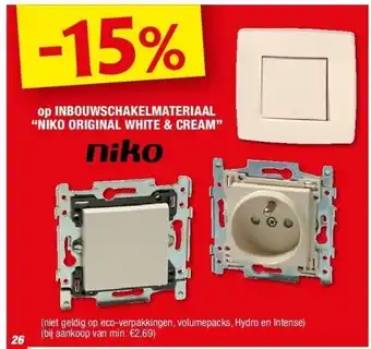 Hubo -15% op inbouwschakelmateriaal “niko original white & cream” aanbieding