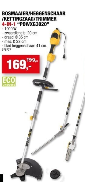 Hubo Bosmaaier/heggenschaar /kettingzaag/trimmer 4-in-1 “powxg3020” aanbieding