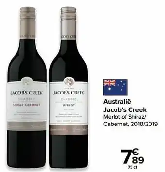 Carrefour Australië jacob’s creek merlot of shiraz- cabernet, 2018-2019 aanbieding