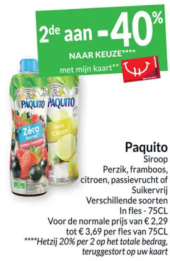Intermarché Paquito Siroop Perzik, framboos, citroen, passievrucht of Suikervrij Verschillende soorten In fles - 75CL aanbieding