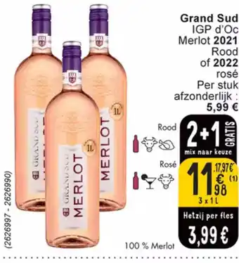 Cora Grand Sud IGP d'Oc Merlot 2021 Rood of 2022 Rose 3 x 1L aanbieding