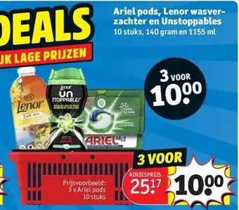 Kruidvat Ariel pods, lenor wasverzachter en unstoppables 10 stuks, 140 gram en 1155 ml aanbieding