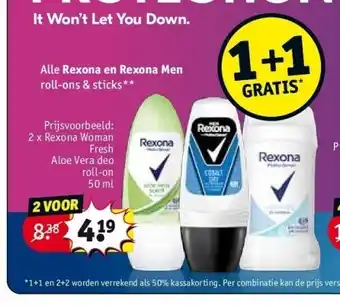 Kruidvat 2 x rexona woman fresh aloe vera deo roll-on 50 ml aanbieding