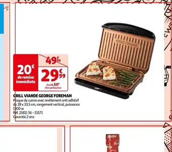 Auchan GRILL VIANDE GEORGE FOREMAN Plaque de cuivre avec revêtement anti adhésif de 28 x 33,5 cm, aanbieding