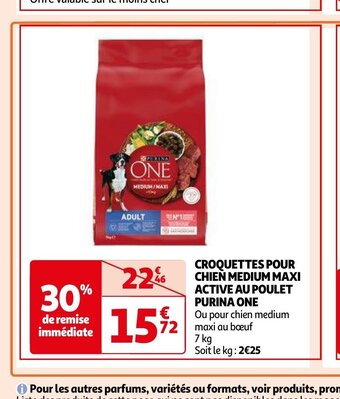Auchan CROQUETTES POUR CHIEN MEDIUM MAXI ACTIVE AU POULET PURINA ONE aanbieding