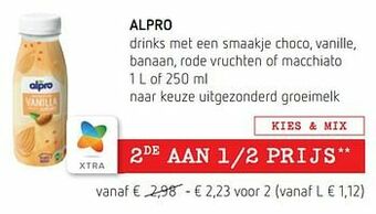 Spar Colruyt Alpro drinks met een smaakje choco, vanille, banaan, rode vruchten of macchiato aanbieding