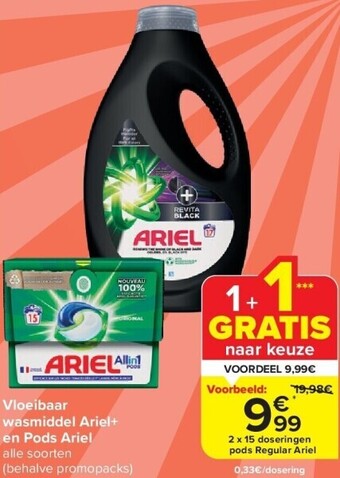 Carrefour Vloeibaar wasmiddel ariel+ en pods ariel aanbieding