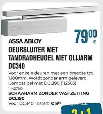 Assa Abloy Deursluiter Met Tandradheugel Met Glijarm Dc340 Schaarm Zonder Vastzetting Dcl190
