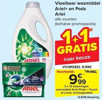 Carrefour Vloeibaar wasmiddel ariel+ en pods ariel aanbieding