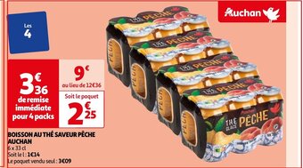 BOISSON AU THÉ SAVEUR PÊCHE AUCHAN 6 x 33 cl