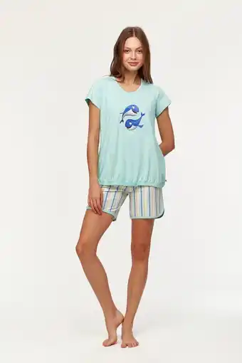 Woody pyjama meisjes/dames - turquoise - walvis - 231-1-bst-s/702 - maat l