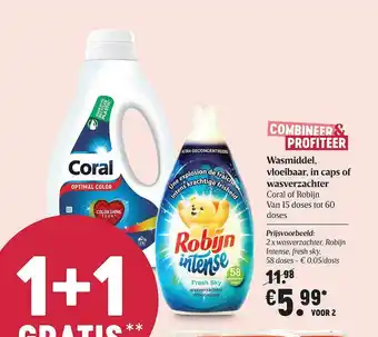 Delhaize Wasmiddel, Vloeibaar, In Caps Of Wasverzachter Coral Of Robijn aanbieding