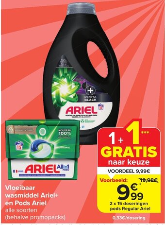 Carrefour Market Vloeibaar wasmiddel Ariel+ en Pods Ariel aanbieding