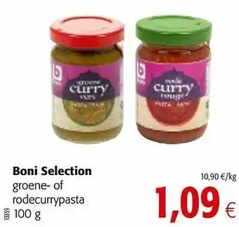 Colruyt Boni selection groene- of rodecurrypasta aanbieding