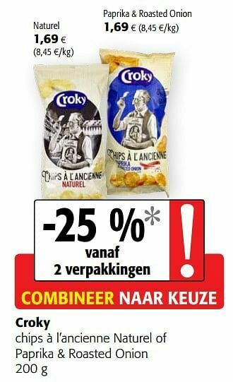 Colruyt Croky chips à l’ancienne naturel of paprika + roasted onion aanbieding