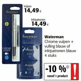Colruyt Waterman chrome vulpen + vulling blauw of inktpatronen blauw aanbieding