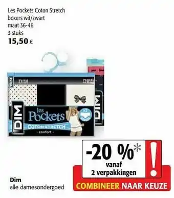 Colruyt Dim les pockets coton stretch boxers wit-zwart aanbieding