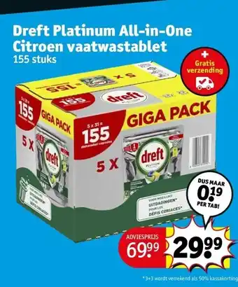 Kruidvat Dreft platinum all-in-one citroen vaatwastablet 155 stuks aanbieding