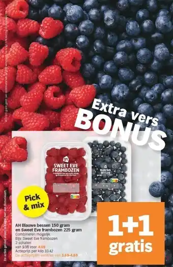 Albert Heijn Ah blauwe bessen 150 gram en sweet eve frambozen 225 gram aanbieding
