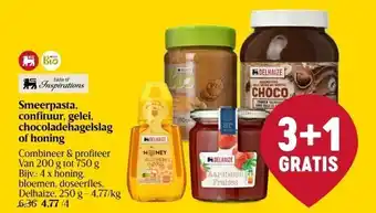 Delhaize Smeerpasta, confituur, gelei, chocoladehagelslag of honing aanbieding
