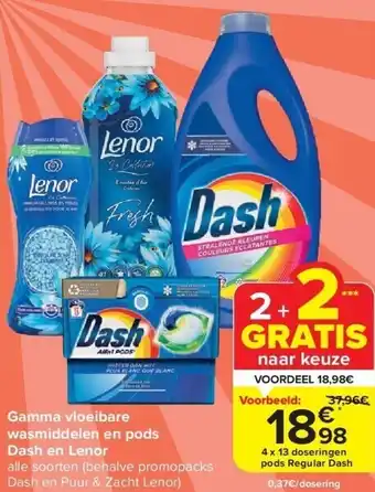 Carrefour Gamma vloeibare wasmiddelen en pods dash en lenor aanbieding