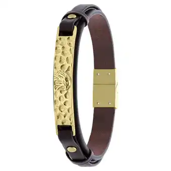Bol.com Lucardi heren gerecycled stalen goldplated armband leer met plaat gehamerd - armband - staal - goudkleurig - 21 cm aanbieding