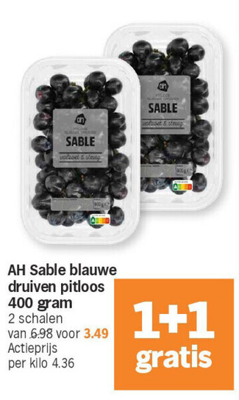 Albert Heijn Ah sable blauwe druiven pitloos 400 gram aanbieding